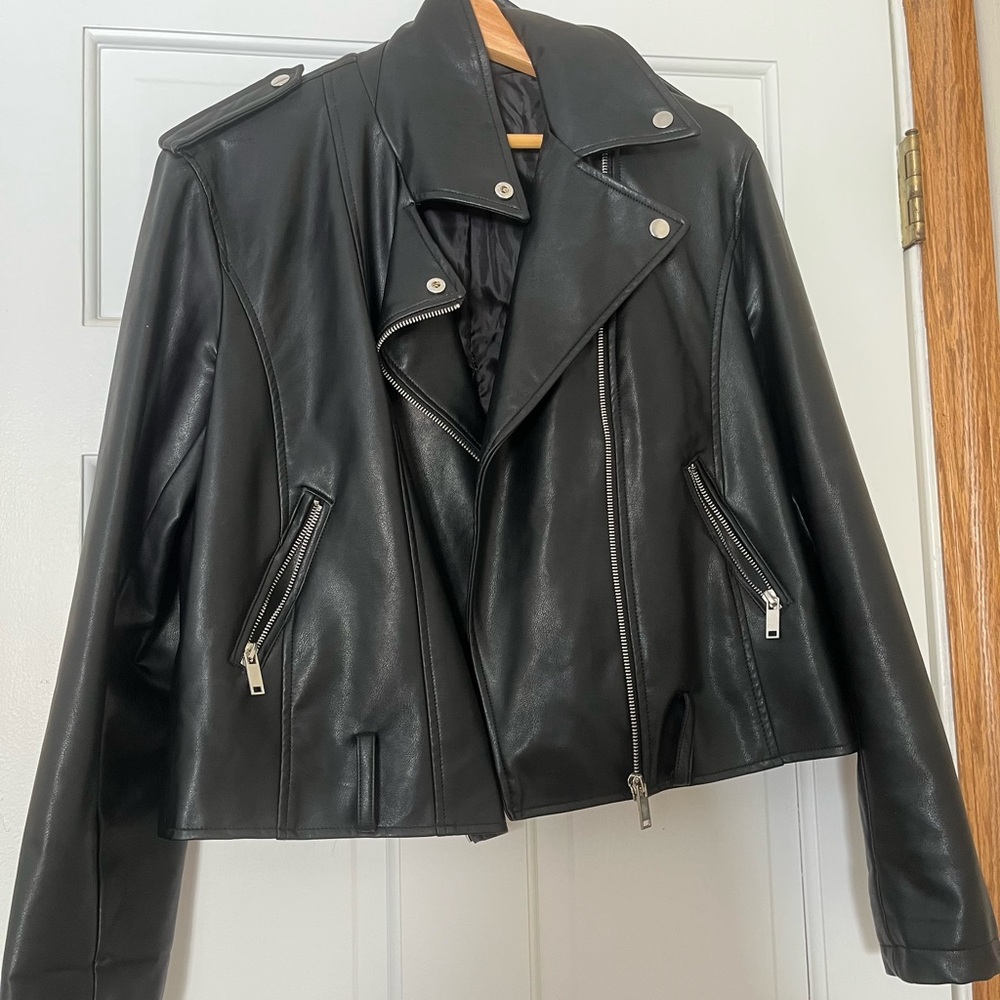 Forever 21 Black Leather Motorcycle Jacket with Asymmetrical Zipper